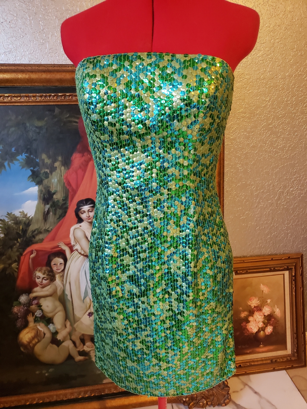 Papell Boutique Green and Teal Sequin Strapless Mini Dress